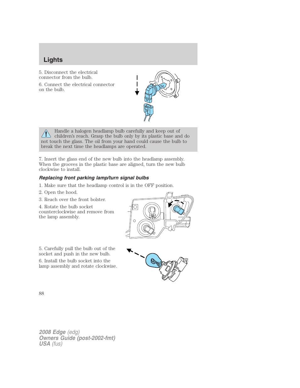 Replacing front parking lamp/turn signal bulbs, Lights | FORD 2008 Edge User Manual | Page 88 / 336