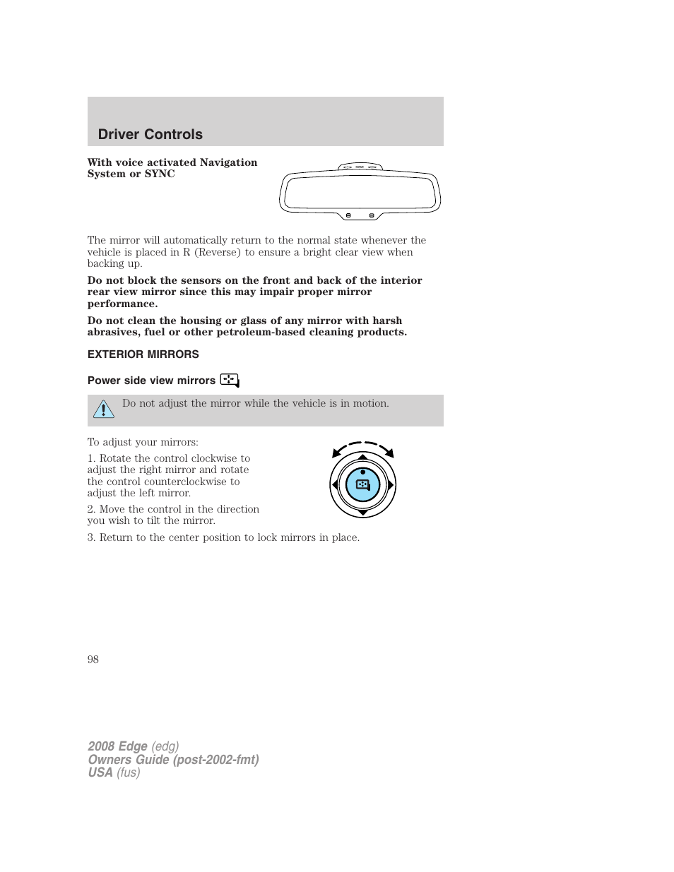 Exterior mirrors, Power side view mirrors, Driver controls | FORD 2008 Edge User Manual | Page 98 / 336