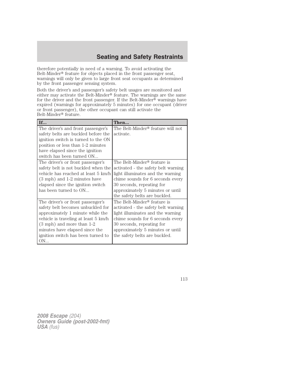 Seating and safety restraints | FORD 2008 Escape v.1 User Manual | Page 113 / 296