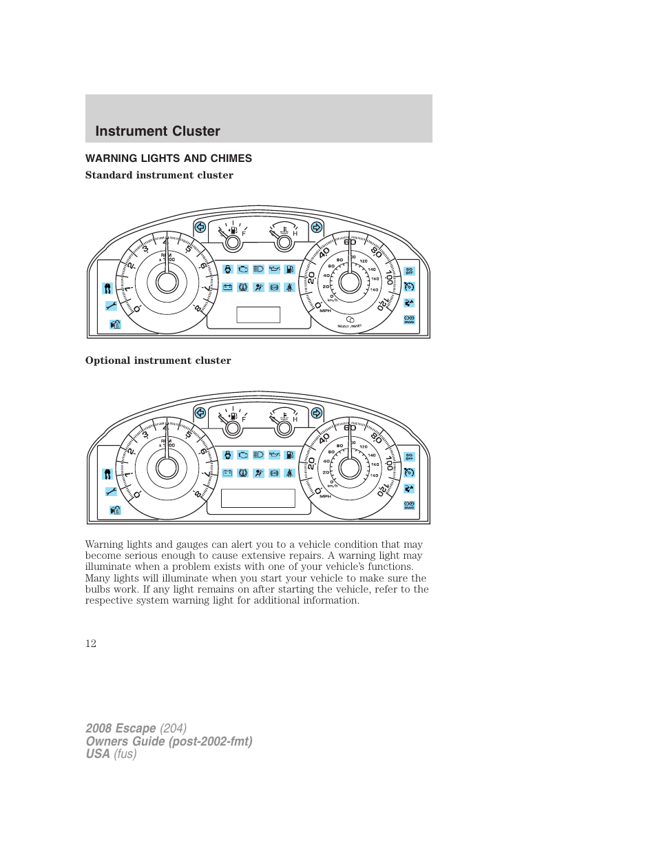 Instrument cluster, Warning lights and chimes | FORD 2008 Escape v.1 User Manual | Page 12 / 296