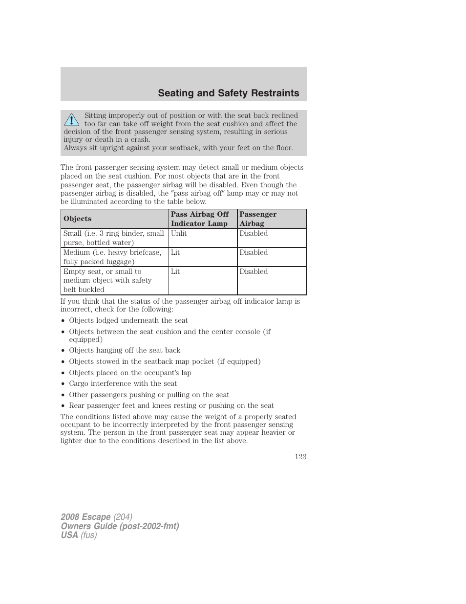 Seating and safety restraints | FORD 2008 Escape v.1 User Manual | Page 123 / 296