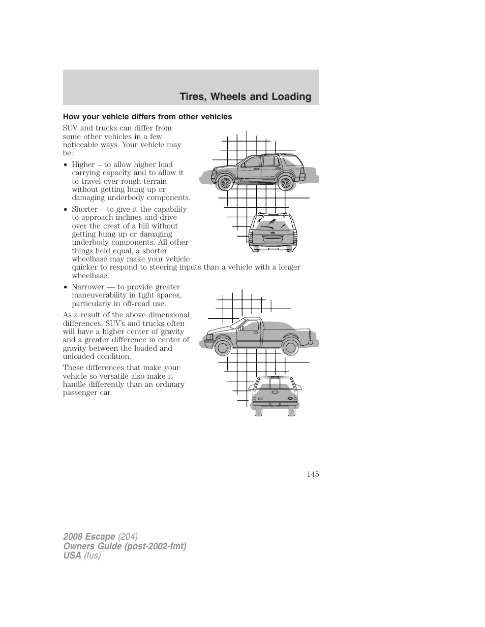 How your vehicle differs from other vehicles, Tires, wheels and loading | FORD 2008 Escape v.1 User Manual | Page 145 / 296