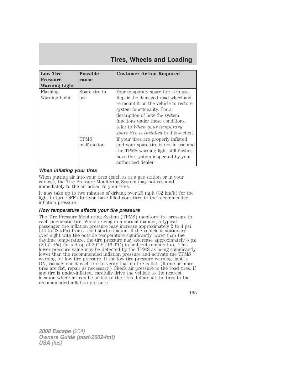 When inflating your tires, How temperature affects your tire pressure, Tires, wheels and loading | FORD 2008 Escape v.1 User Manual | Page 165 / 296