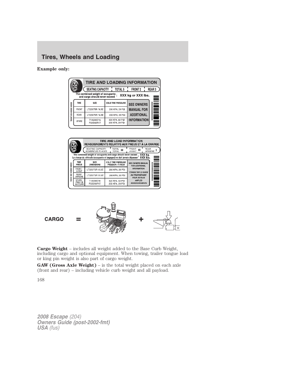 Tires, wheels and loading | FORD 2008 Escape v.1 User Manual | Page 168 / 296