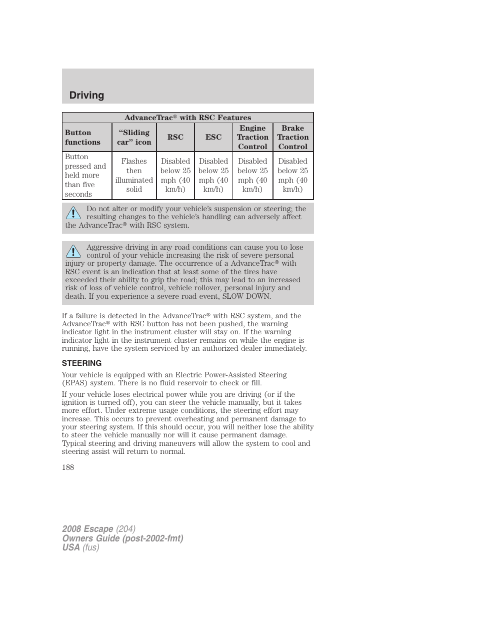 Steering, Driving | FORD 2008 Escape v.1 User Manual | Page 188 / 296
