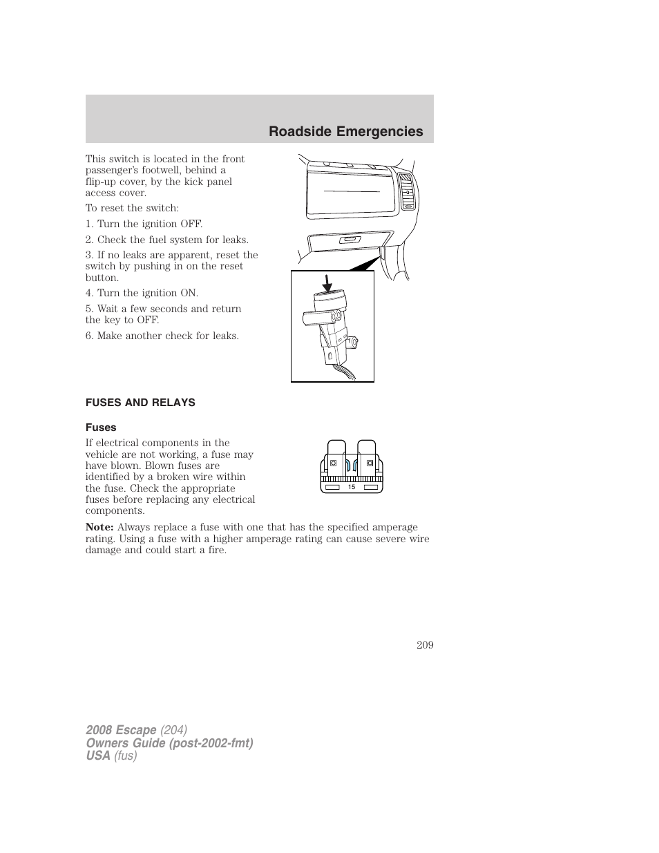 Fuses and relays, Fuses, Roadside emergencies | FORD 2008 Escape v.1 User Manual | Page 209 / 296