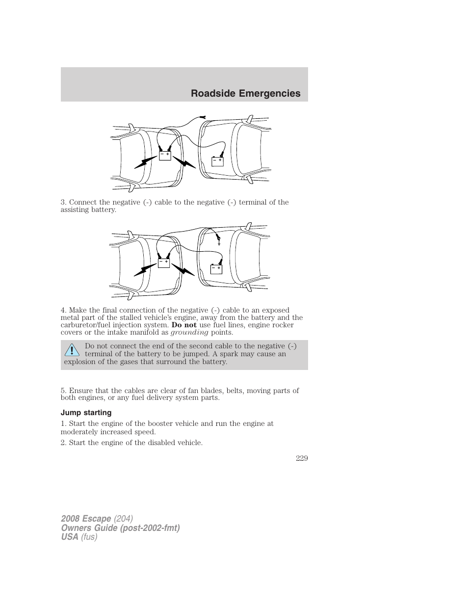 Jump starting, Roadside emergencies | FORD 2008 Escape v.1 User Manual | Page 229 / 296