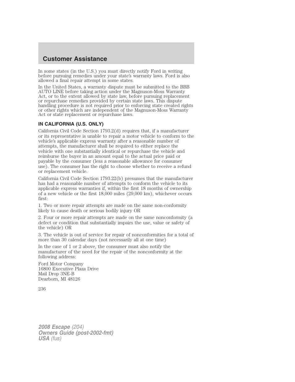 In california (u.s. only), Customer assistance | FORD 2008 Escape v.1 User Manual | Page 236 / 296