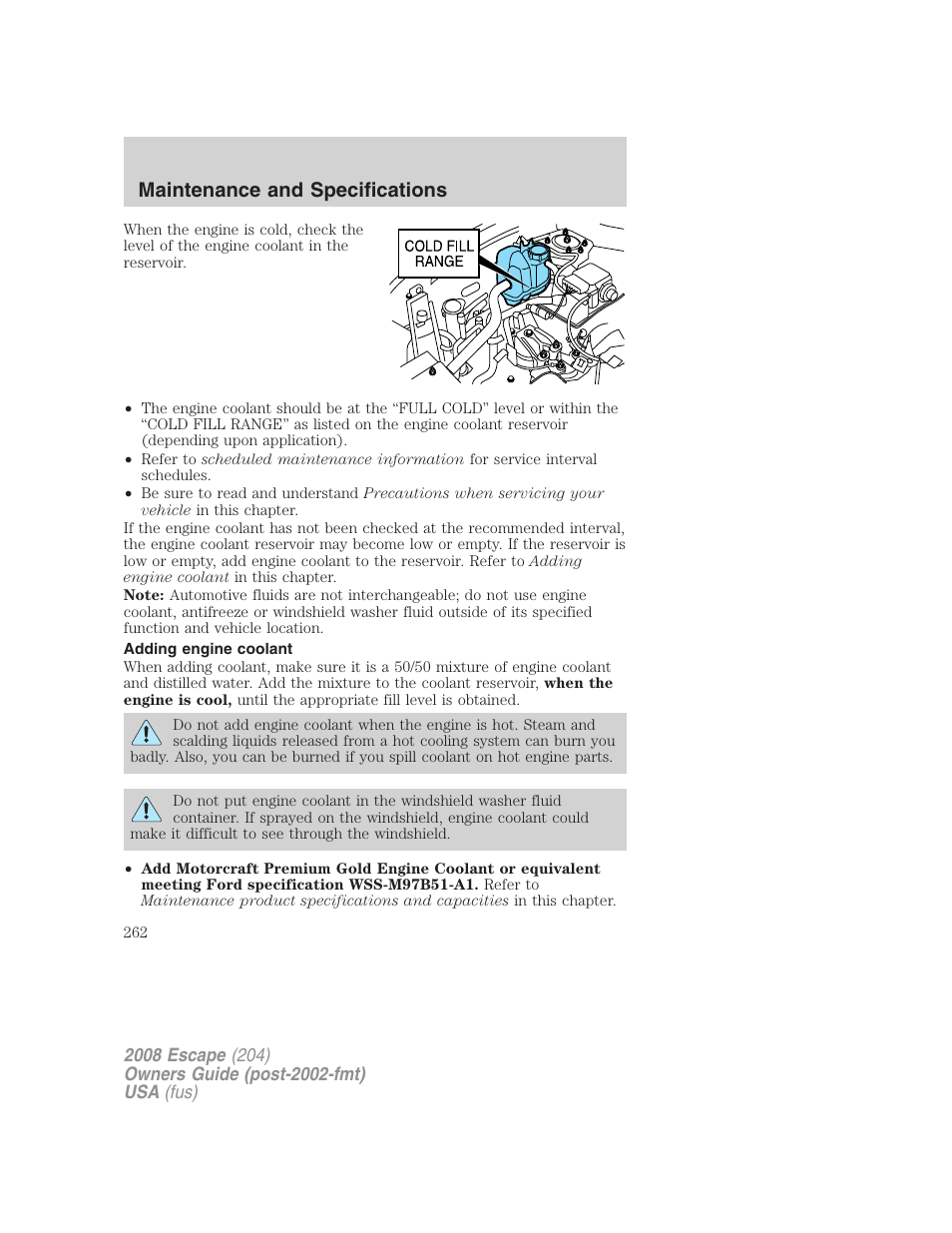 Adding engine coolant, Maintenance and specifications | FORD 2008 Escape v.1 User Manual | Page 262 / 296