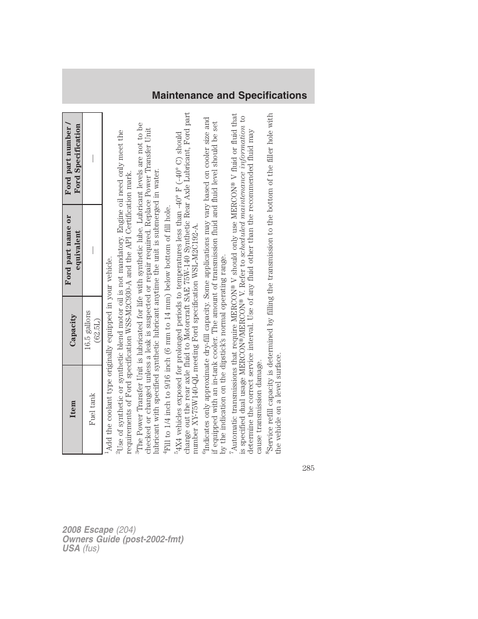 Maintenance and specifications | FORD 2008 Escape v.1 User Manual | Page 285 / 296