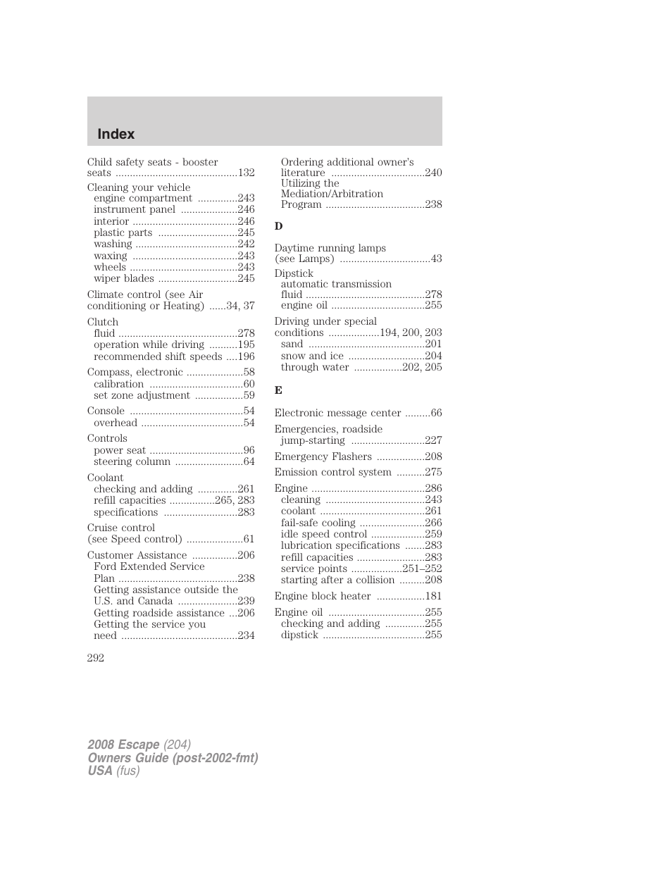 Index | FORD 2008 Escape v.1 User Manual | Page 292 / 296