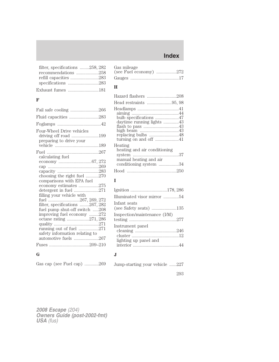 Index | FORD 2008 Escape v.1 User Manual | Page 293 / 296