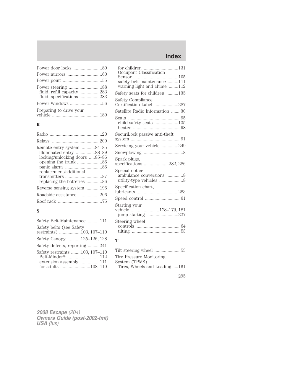 Index | FORD 2008 Escape v.1 User Manual | Page 295 / 296