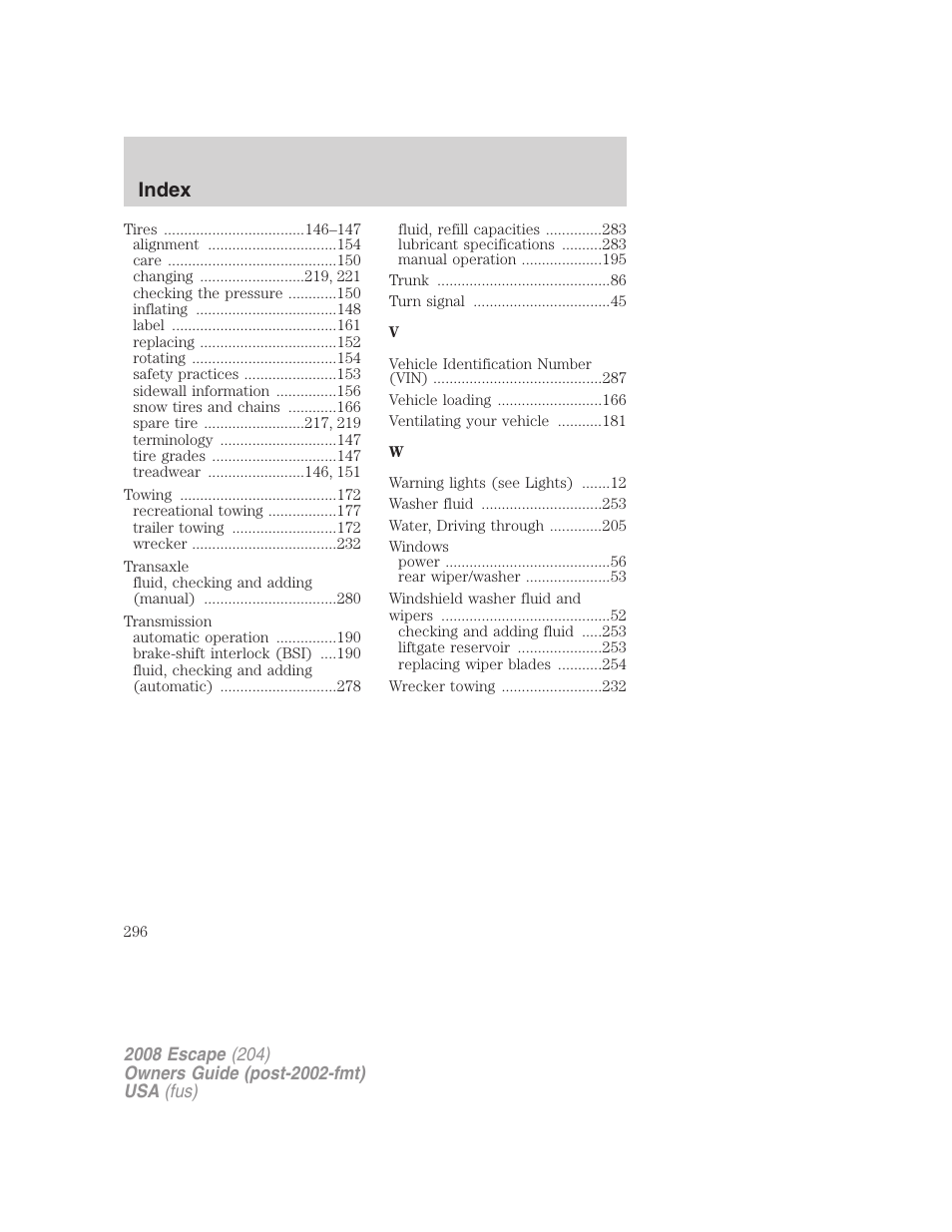 Index | FORD 2008 Escape v.1 User Manual | Page 296 / 296