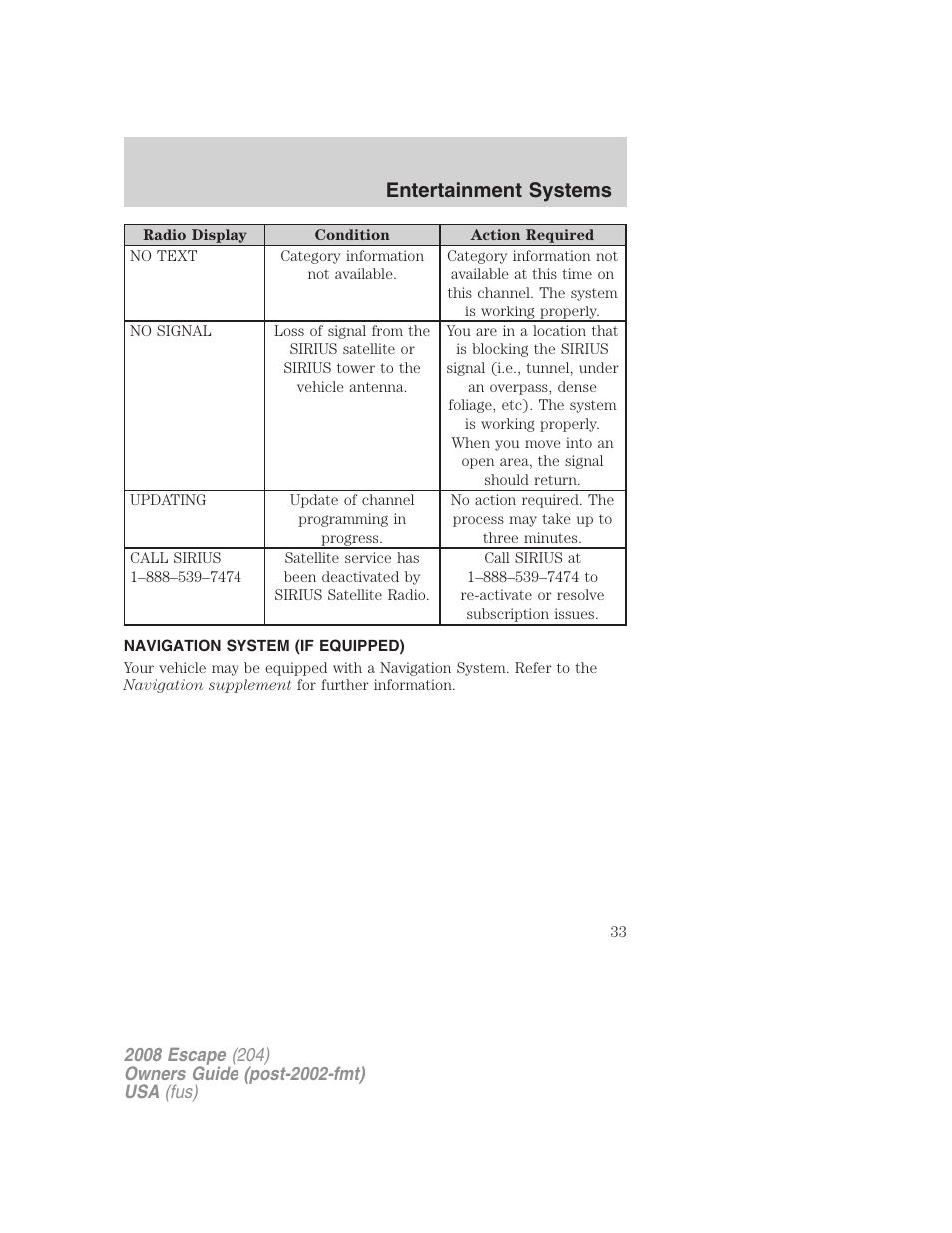 Navigation system (if equipped), Navigation system, Entertainment systems | FORD 2008 Escape v.1 User Manual | Page 33 / 296