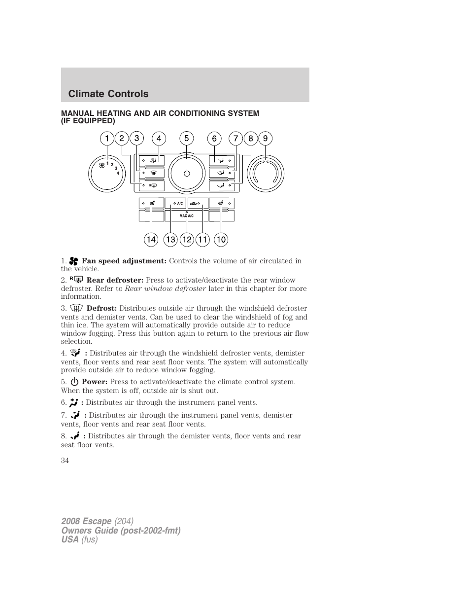 Climate controls, Manual heating and air conditioning | FORD 2008 Escape v.1 User Manual | Page 34 / 296