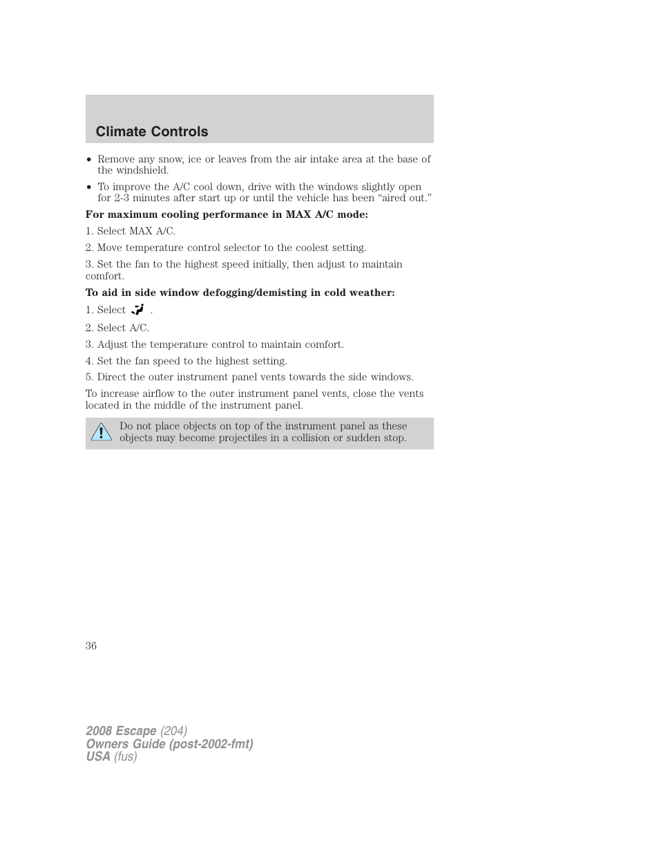 Climate controls | FORD 2008 Escape v.1 User Manual | Page 36 / 296