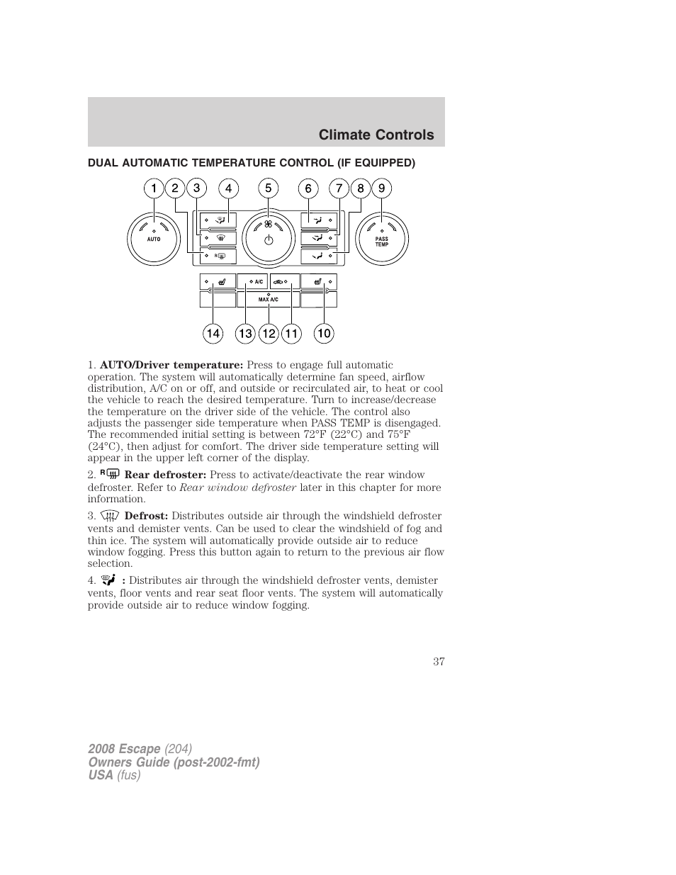 Dual automatic temperature control (if equipped), Dual automatic temperature control, Climate controls | FORD 2008 Escape v.1 User Manual | Page 37 / 296