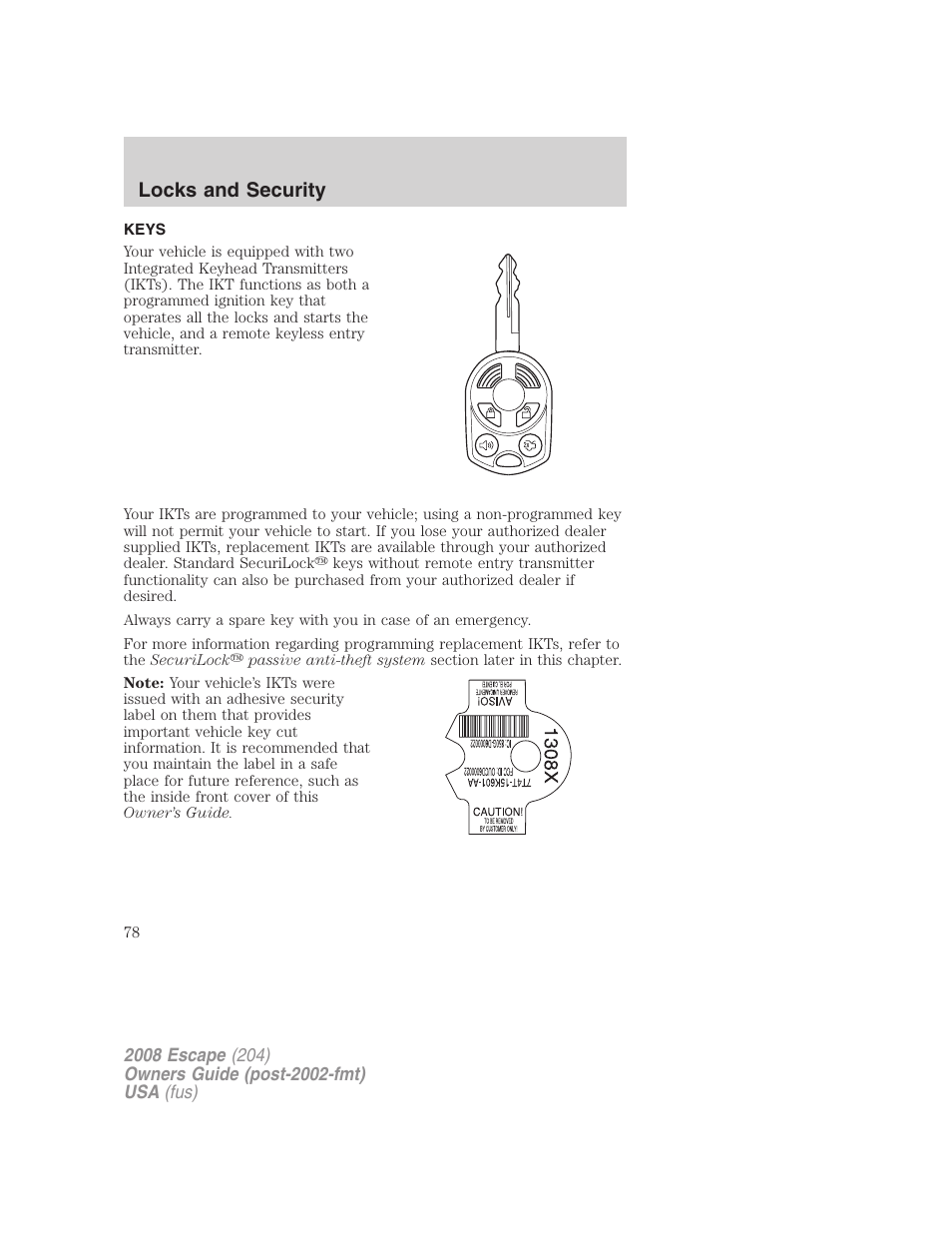 Locks and security, Keys | FORD 2008 Escape v.1 User Manual | Page 78 / 296