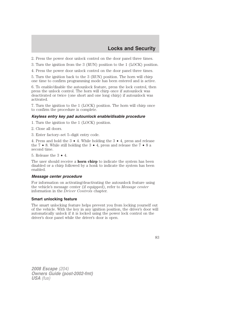 Message center procedure, Smart unlocking feature, Locks and security | FORD 2008 Escape v.1 User Manual | Page 83 / 296