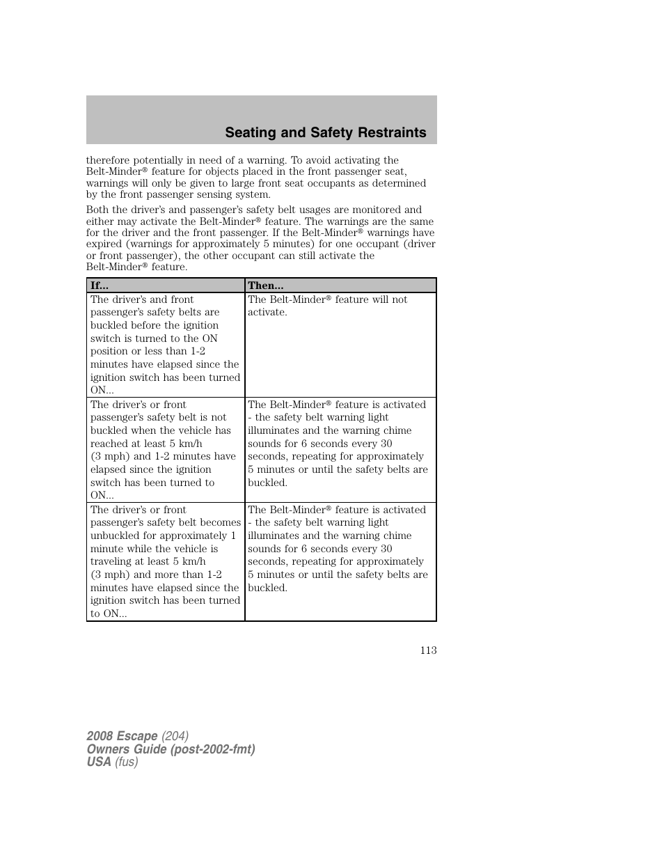 Seating and safety restraints | FORD 2008 Escape v.2 User Manual | Page 113 / 304