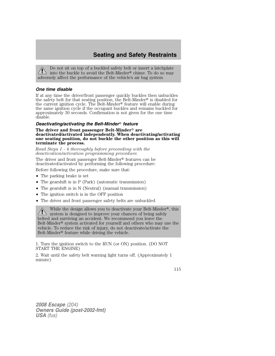 Seating and safety restraints | FORD 2008 Escape v.2 User Manual | Page 115 / 304