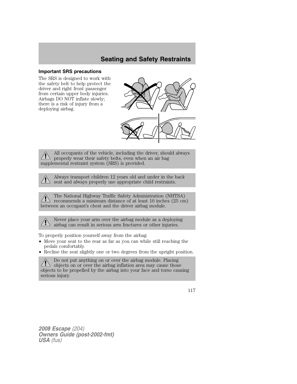 Seating and safety restraints | FORD 2008 Escape v.2 User Manual | Page 117 / 304