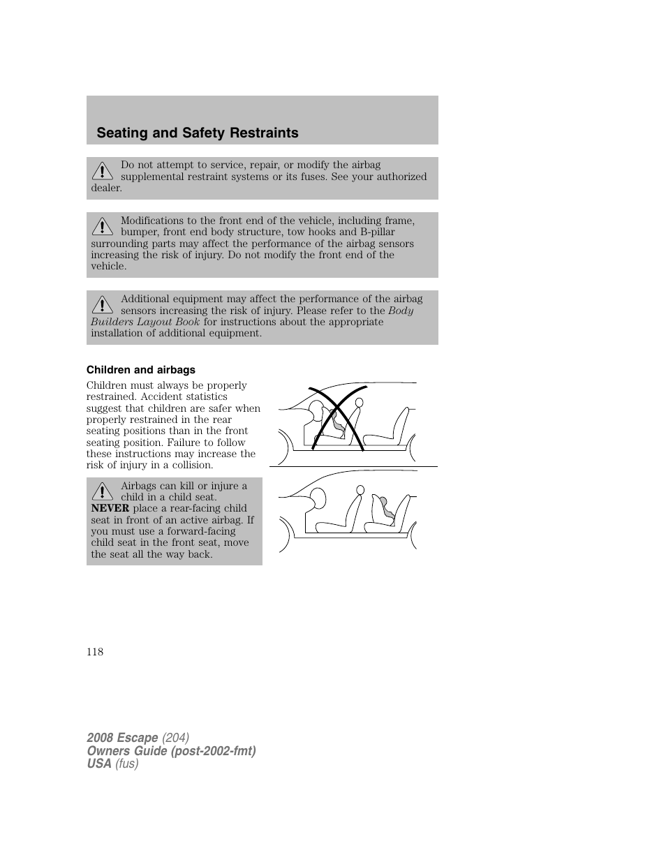Seating and safety restraints | FORD 2008 Escape v.2 User Manual | Page 118 / 304