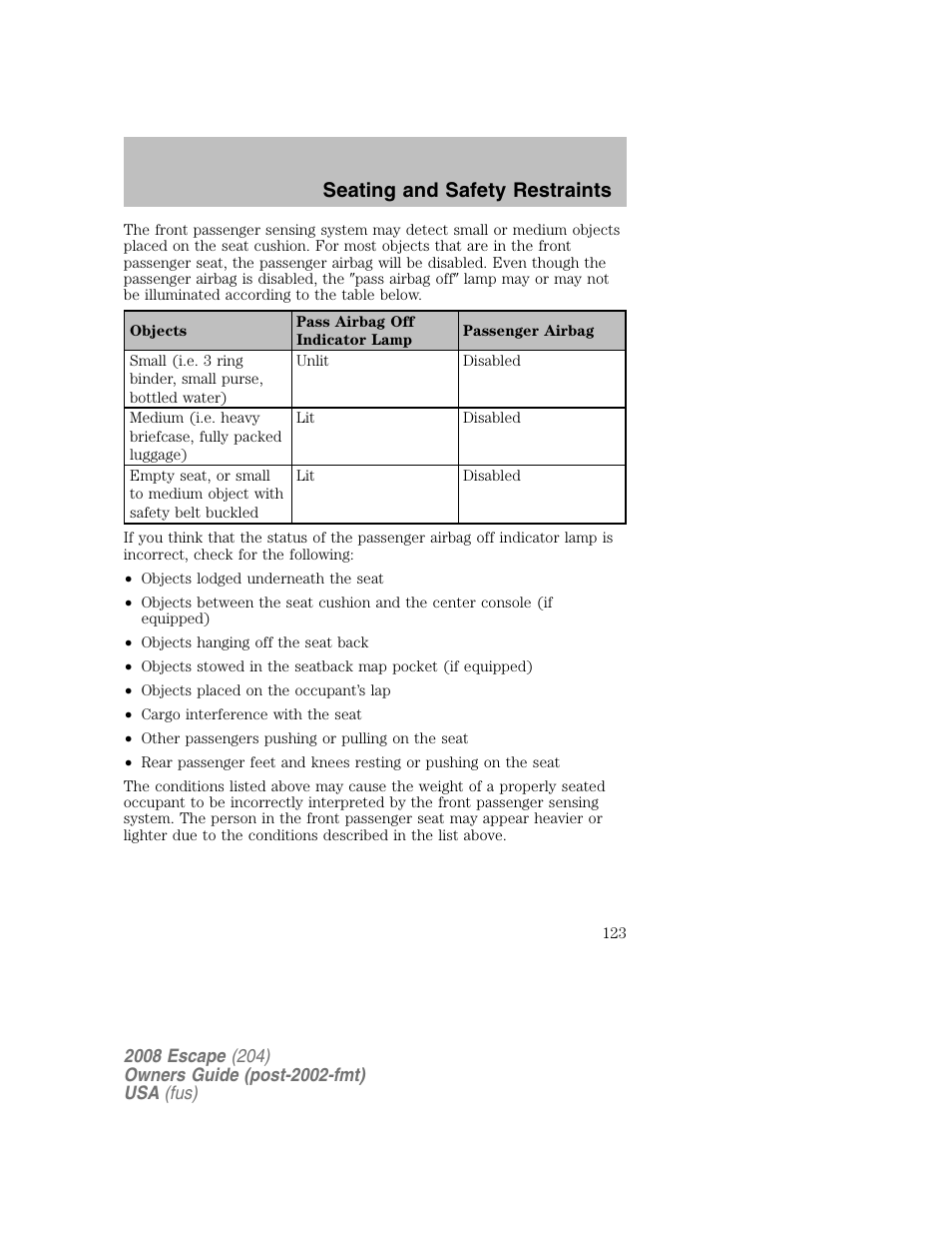 Seating and safety restraints | FORD 2008 Escape v.2 User Manual | Page 123 / 304