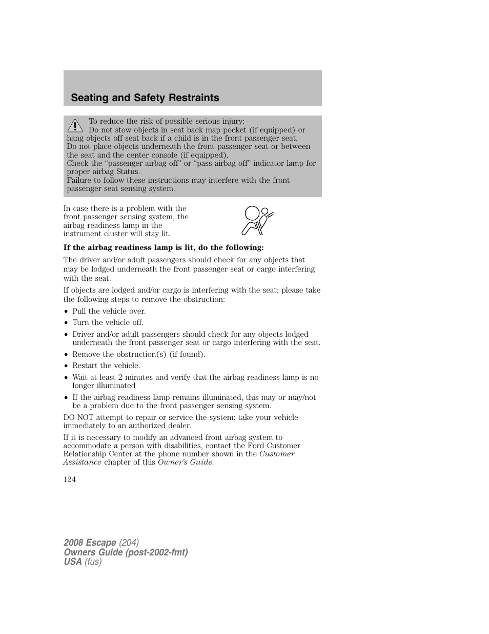 Seating and safety restraints | FORD 2008 Escape v.2 User Manual | Page 124 / 304