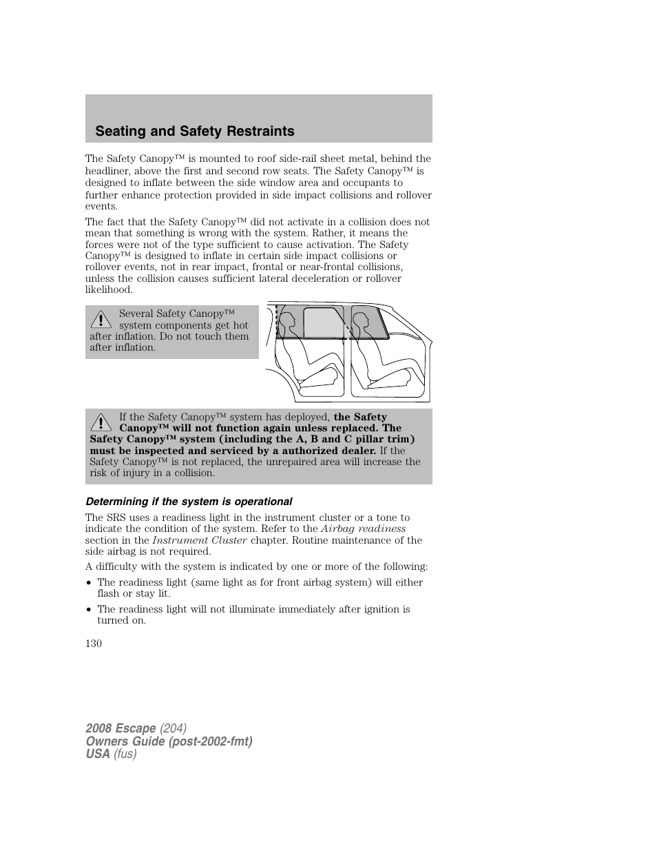 Seating and safety restraints | FORD 2008 Escape v.2 User Manual | Page 130 / 304