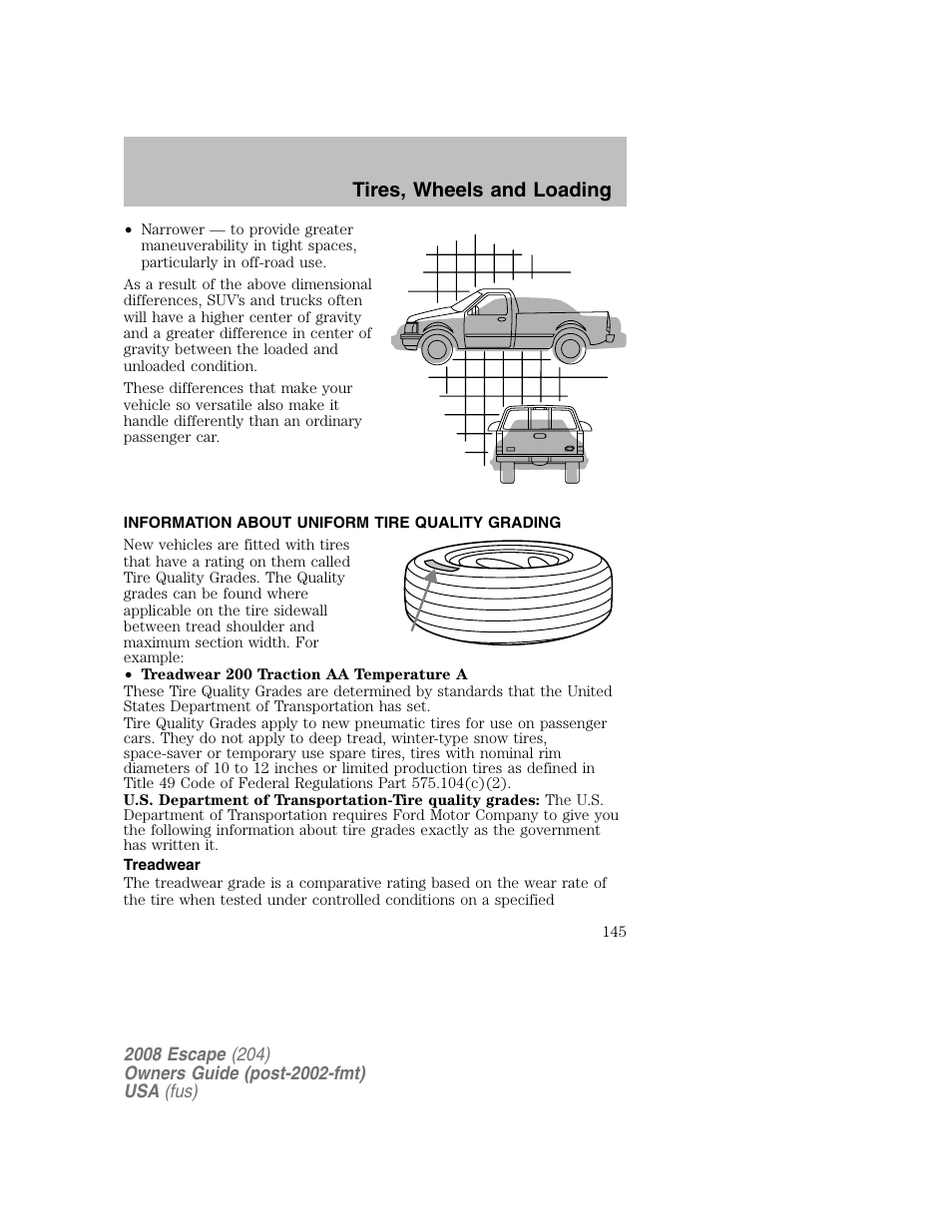 Tires, wheels and loading | FORD 2008 Escape v.2 User Manual | Page 145 / 304