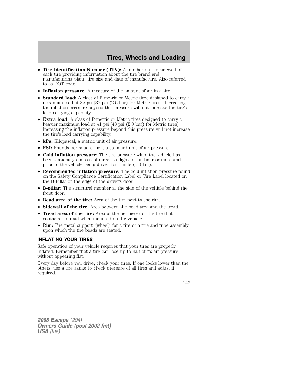 Tires, wheels and loading | FORD 2008 Escape v.2 User Manual | Page 147 / 304