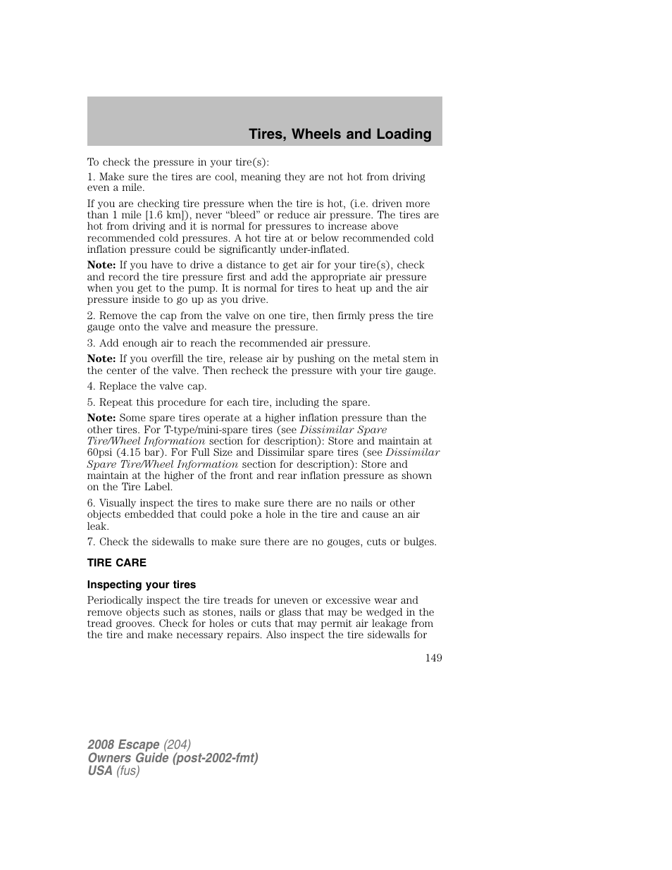 Tires, wheels and loading | FORD 2008 Escape v.2 User Manual | Page 149 / 304