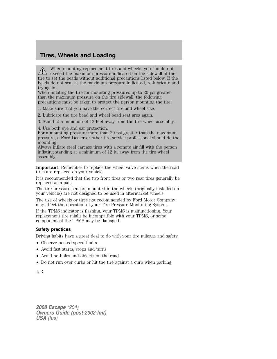 Tires, wheels and loading | FORD 2008 Escape v.2 User Manual | Page 152 / 304