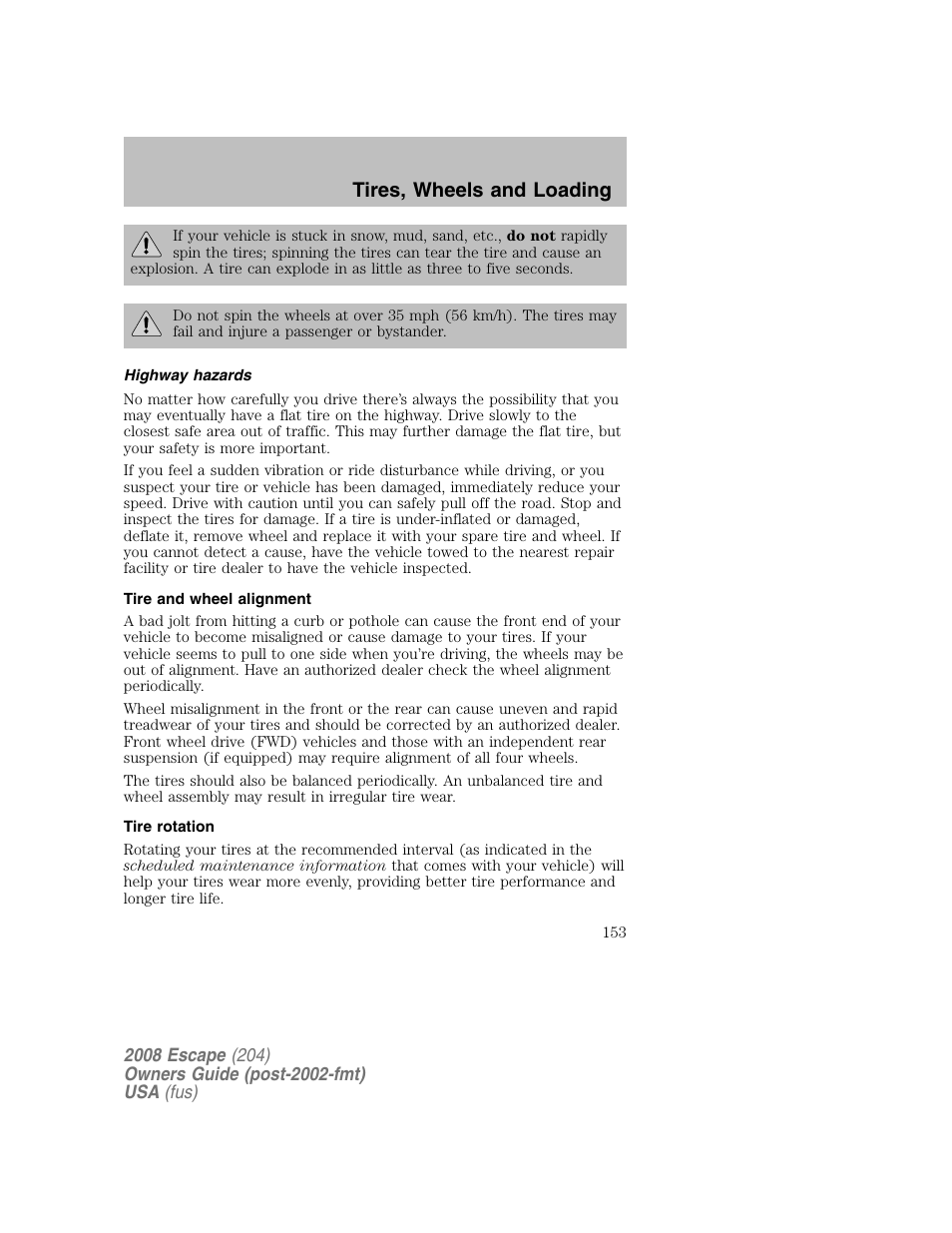 Tires, wheels and loading | FORD 2008 Escape v.2 User Manual | Page 153 / 304