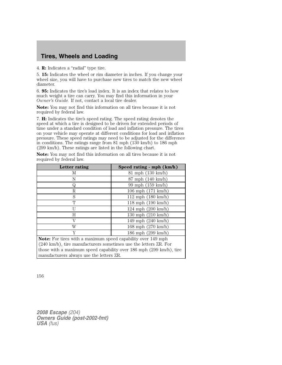 Tires, wheels and loading | FORD 2008 Escape v.2 User Manual | Page 156 / 304