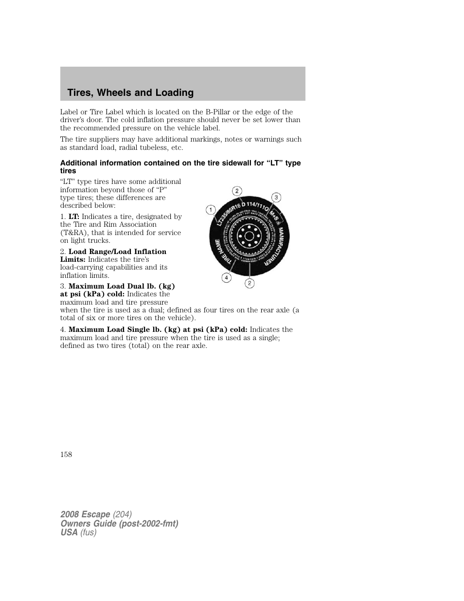 Tires, wheels and loading | FORD 2008 Escape v.2 User Manual | Page 158 / 304
