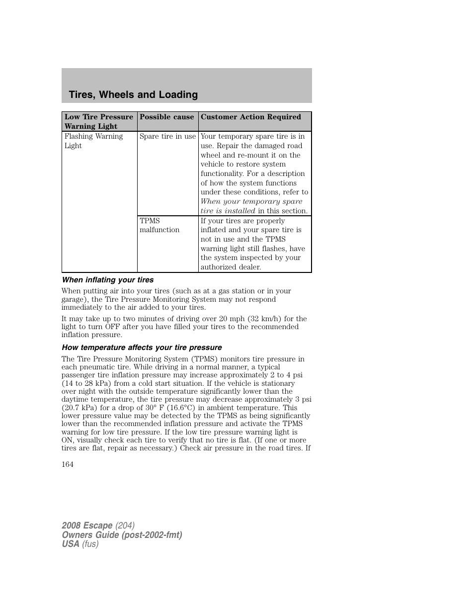 Tires, wheels and loading | FORD 2008 Escape v.2 User Manual | Page 164 / 304