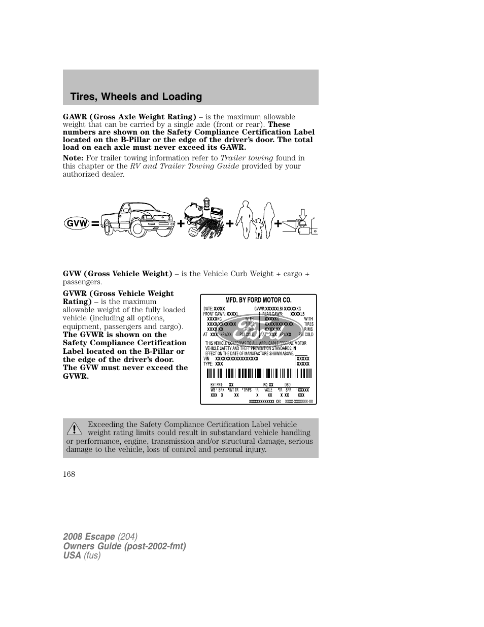 Tires, wheels and loading | FORD 2008 Escape v.2 User Manual | Page 168 / 304