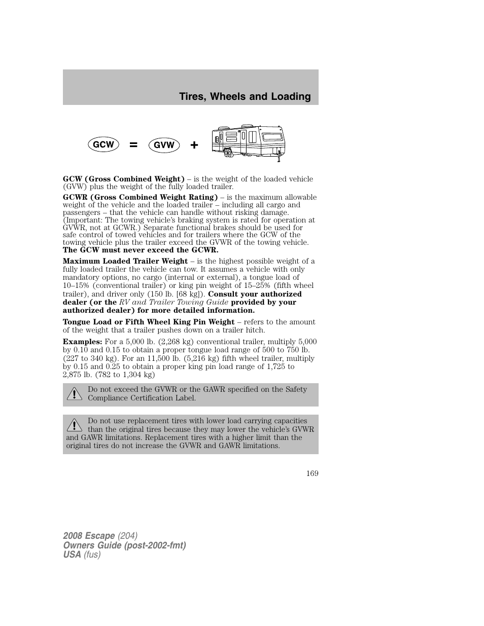 Tires, wheels and loading | FORD 2008 Escape v.2 User Manual | Page 169 / 304