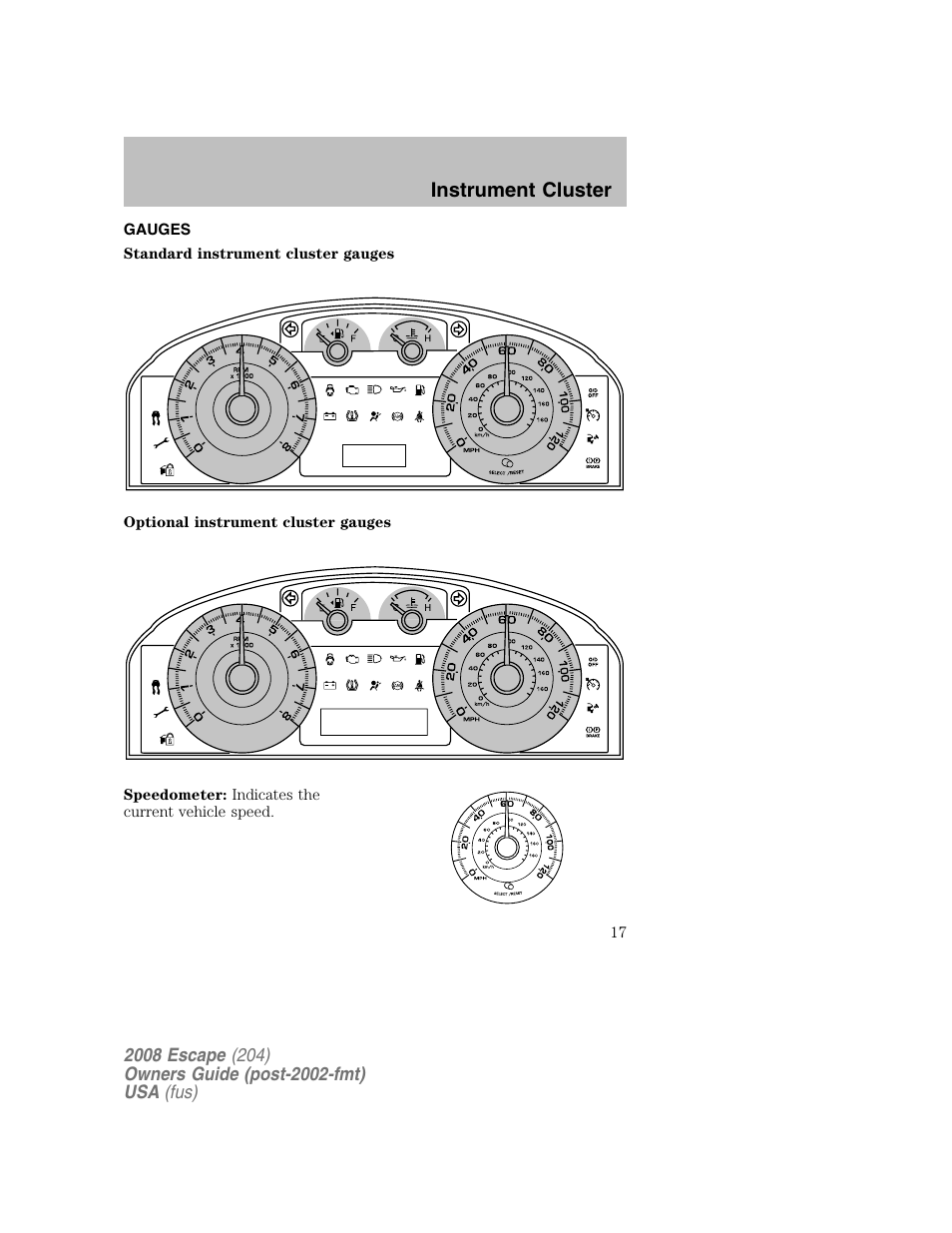 Instrument cluster | FORD 2008 Escape v.2 User Manual | Page 17 / 304