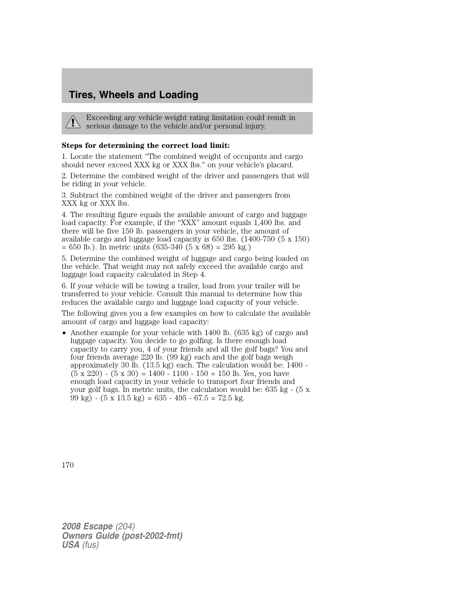 Tires, wheels and loading | FORD 2008 Escape v.2 User Manual | Page 170 / 304