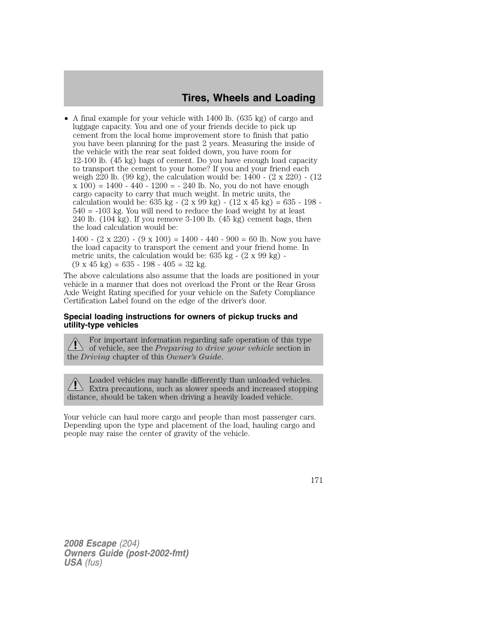 Tires, wheels and loading | FORD 2008 Escape v.2 User Manual | Page 171 / 304