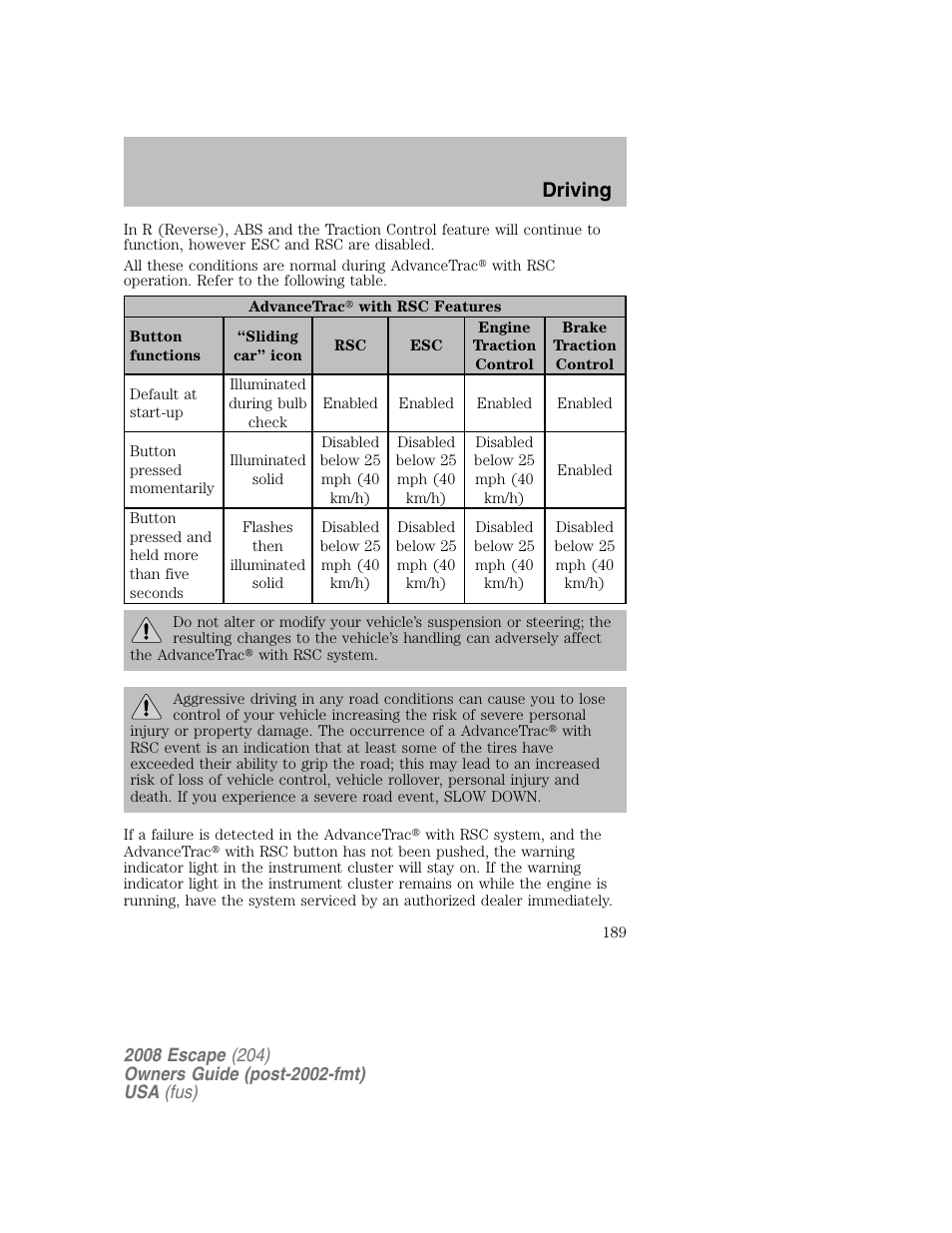 Driving | FORD 2008 Escape v.2 User Manual | Page 189 / 304