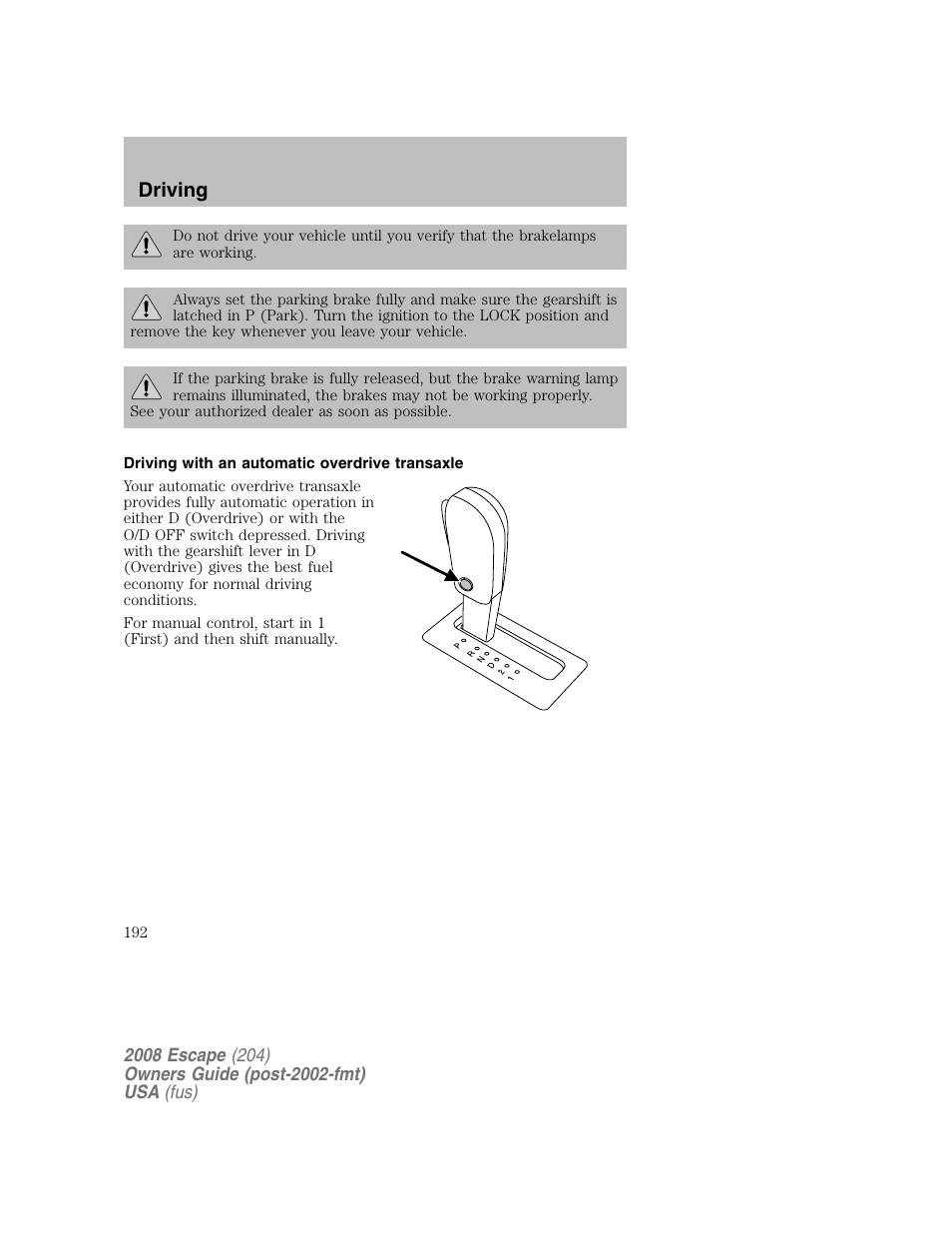 Driving | FORD 2008 Escape v.2 User Manual | Page 192 / 304