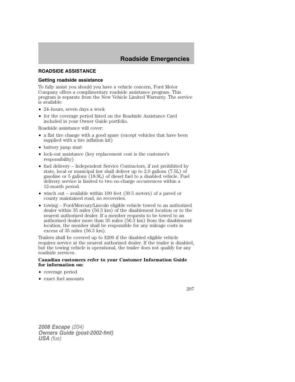 Roadside emergencies | FORD 2008 Escape v.2 User Manual | Page 207 / 304