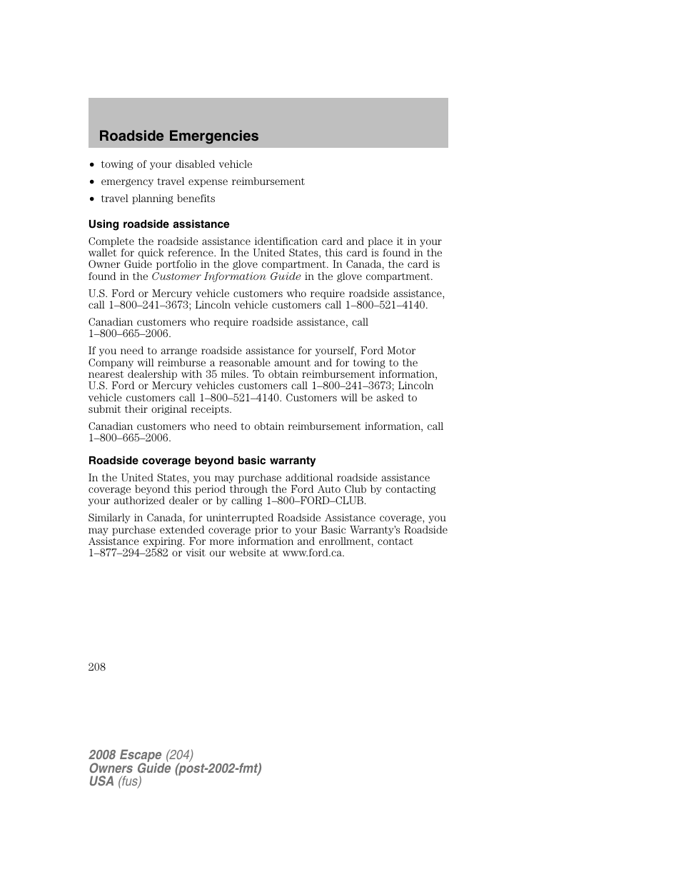 Roadside emergencies | FORD 2008 Escape v.2 User Manual | Page 208 / 304