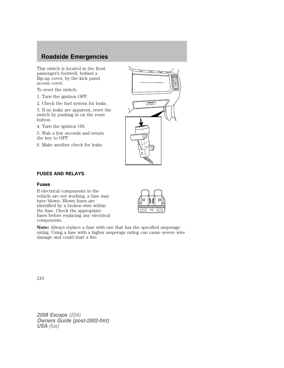 Roadside emergencies | FORD 2008 Escape v.2 User Manual | Page 210 / 304