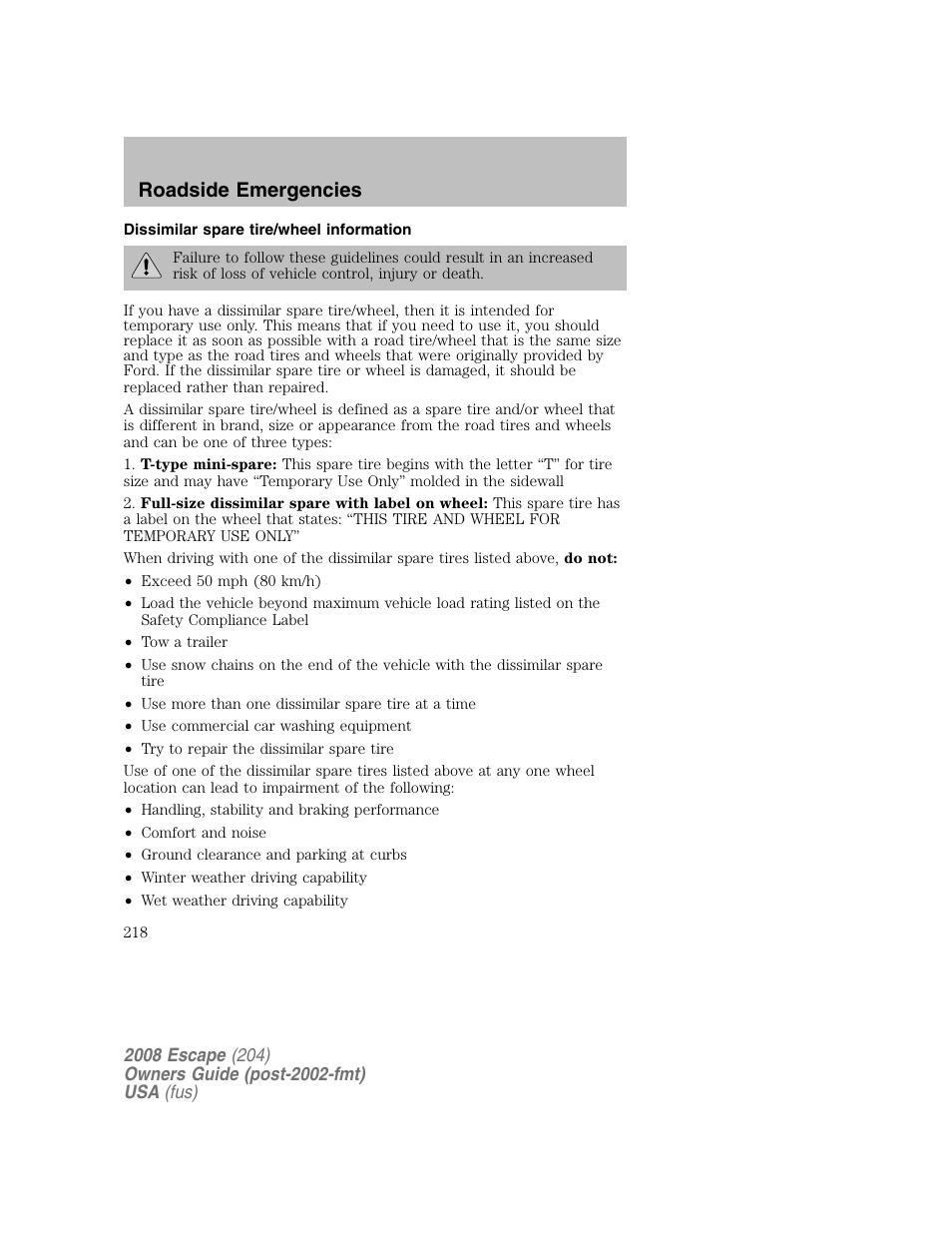 Roadside emergencies | FORD 2008 Escape v.2 User Manual | Page 218 / 304